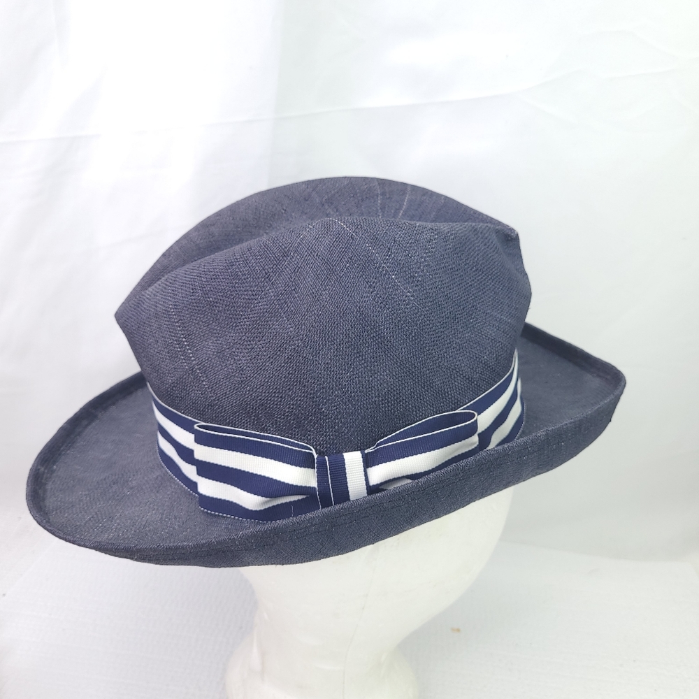 Vintage LADY STETSON Fedora Hat Panama Style Blue USA Made With Bow Band